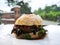 beef cheese hamburger with vegetables on white paper for picnic vacation feel ing relaxation