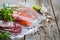 Beef, chicken and salmon in vacuum plastic bag for sous vide cooking