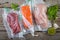 Beef, chicken and salmon in vacuum plastic bag for sous vide cooking