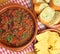 Beef Chili with Garlic Bread and Tortilla Chips