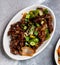 Beef Chilly Chinese served in a dish isolated on dark background top view
