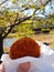 Beef Croquette snack in the hand and on the tree nature background