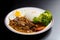 Beef Curry Rice on black wooden background  Onsen tamago, Potato, enoki mushroom, onion, broccoli, Japanese style