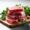 Beef jerky meat slices on a cutting board