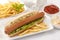 Beef Jumbo sausage sandwich with coleslaw & Ketchup & Fries