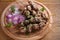 Beef liver on skewers with sesame seeds on wooden tray. Liver Kebab, kabob - image.