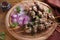 Beef liver on skewers with sesame seeds on wooden tray. Liver Kebab, kabob - image.