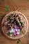 Beef liver on skewers with sesame seeds on wooden tray. Liver Kebab, kabob - image.