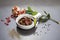 Beef meat cubes with pine in a bowl , Diced veal in a bowl