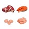 Beef meat steak, raw loin cuts. Red meat slices. Chicken sausages, poultry. Fresh salmon steak. Red fish fillet. Eggs. Breakfast
