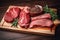 Beef meat on a wood board close-up. Raw red meat on dark wooden table. Pork steak with rosemary sprig and spices, rustic style.