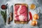 Beef navel, raw beef brisket meat,with ingredients for smoking  making  barbecue, pastrami, cure, on gray stone background, top
