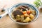 Beef noodle soup. Taiwanese famous food in a bowl on wooden table