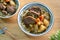 Beef noodle soup. Taiwanese famous food in a bowl on wooden table