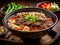 Beef noodle soup. Taiwanese famous food with sliced red braised beef and vegetables in a bowl on wooden table background. Taste of