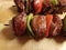 Beef and onion on stick on wood cutting board