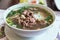 Beef Pho is a Vietnamese soup consisting of broth, rice noodles called bÃ¡nh phá»Ÿ, a few herbs, and meat.