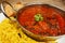 Beef rogan josh in balti dish with rice