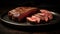 Beef, sliced beef steak on black plate. Generative Ai