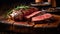 Beef, Sliced grilled meat steak Rib eye medium rare set on wooden serving board. Generative Ai