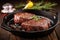 beef steak with charred edges on a cast-iron pan