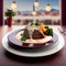 Beef Steak with Creamy Sour Cream on blurry restaurant background