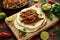 Beef Steak Fajitas with tortilla mix pepper, onion and avocado on wooden board