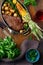 Beef steak fried corn vegetables top view Dinner table