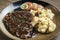 Beef steak meal with mashed potato and gravy sauce