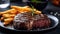 Beef Steak medium rare with French fries AI generated image
