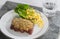 Beef steak with mustard herb crust and romaine lettuce hearts wi