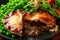 Beef steak pies with rich onion gravy served with sweet peas and salad