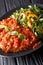 Beef steak with pizzaiola sauce and fresh salad close-up. vertical