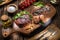 Beef steaks with spices on a wooden tray.