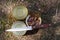 Beef stew in cans with knife. Top view