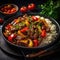 Beef stir fry with bell pepper and rice on a black background