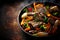 Beef stir fry with vegetables in a pan on a dark background