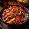 Beef stir fry with vegetables and rice in a bowl on wooden table