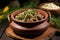 beef stroganoff with dill in rustic clay bowl
