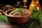 beef stroganoff with dill in rustic clay bowl