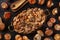 Beef stroganoff, mushroom and meat ragout in a creamy sauce, in a pan