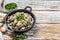 Beef Stroganoff with mushrooms and fresh parsley. White background. Top view. Copy space