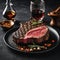 Beef T-Bone steak or aged wagyu porterhouse grilled beef steak Medium rare on a black table - 1