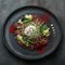 Beef Tataki with onsen egg, zucchini and mayo, restauran meal, copy space.