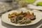 Beef tenderloin, morels and ratte potatoes for christmas diner. French speciality for festive Christmas celebration