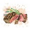 Beef with Thyme. Watercolor ribeye steak. Hand drawn illustration. Isolated on white background