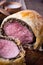 Beef Wellington, classic steak dish on cutting board