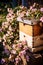 Beehive apiary bees and flowers in the meadow. Generative AI,