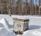 Beehive in the apiary in winter. Heavy frost