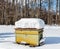 Beehive in the apiary in winter. Heavy frost